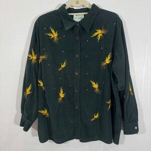 The Quacker Factory Women Corduroy Embroidered Shirt Wheat Rhinestone Size‎ 1X